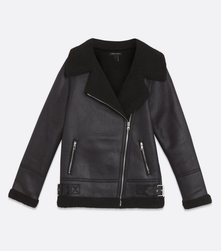 Tall Black Leather-Look Faux Shearling Aviator Jacket
						
						Add to Saved Items
						Remov... | New Look (UK)