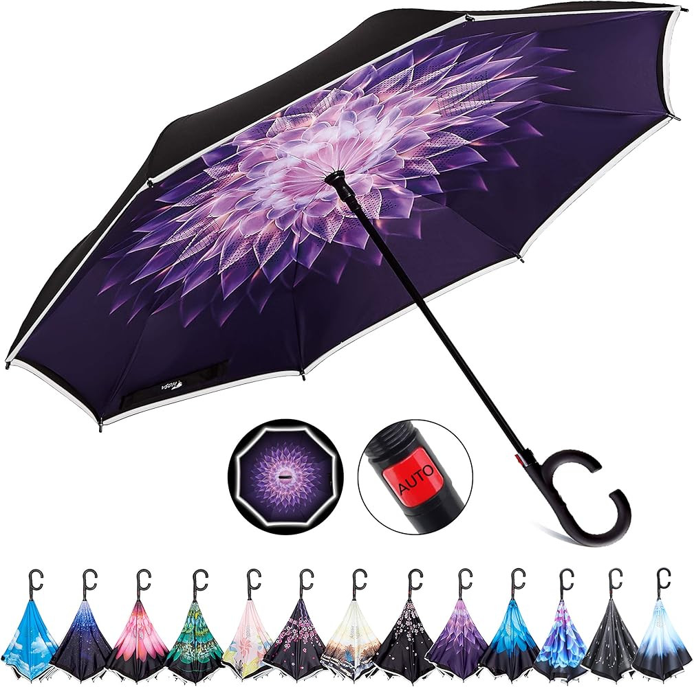 HOSA Auto Open Reverse Inverted Umbrella Night Safety Reflective Strips, UV Protection Double Lay... | Amazon (US)