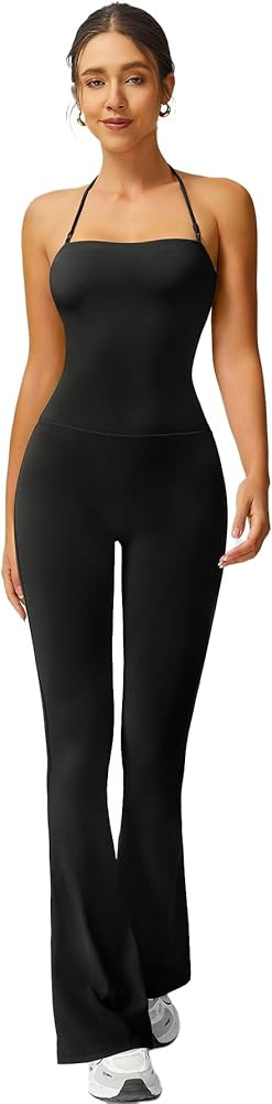 TimeOFF Women's Flare Leg Yoga Pants Jumpsuit, High Waisted Bootcut Workout Leggings with Halter ... | Amazon (US)