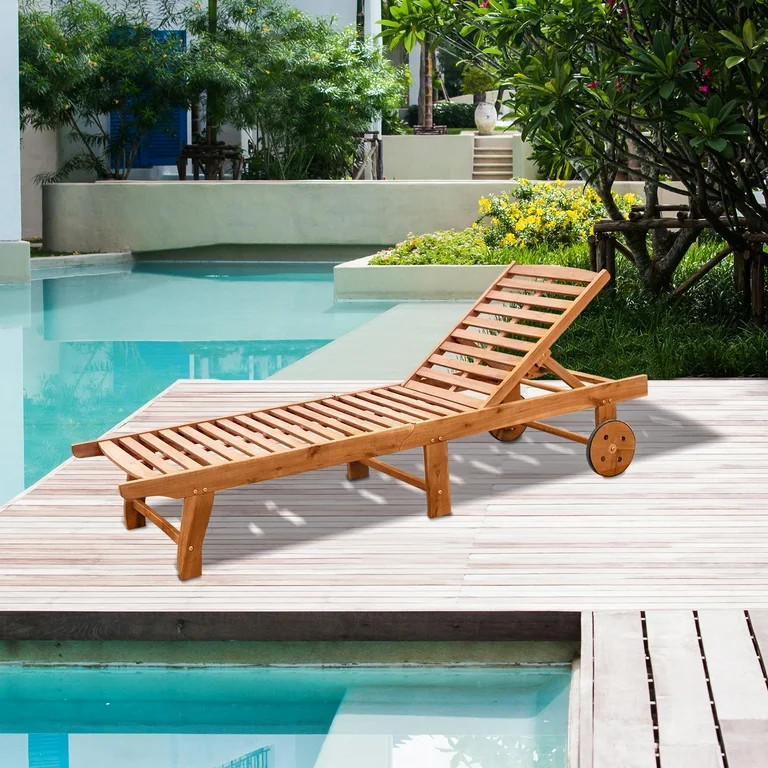 Outsunny Outdoor Folding Chaise Lounge Chair Recliner with Wheels, Acacia Wood Frame - Teak Color... | Walmart (US)