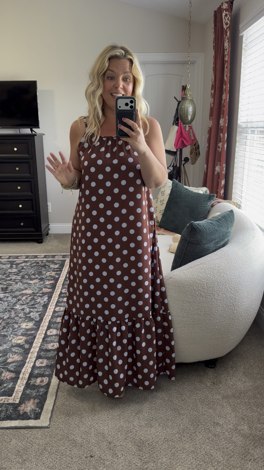 Cutest lil polkadot shift maxi dress from Amazon! I sized down to a med from my usual lg & there is still plenty of room. 

 

#LTKOver40 #LTKMidsize #LTKPetite