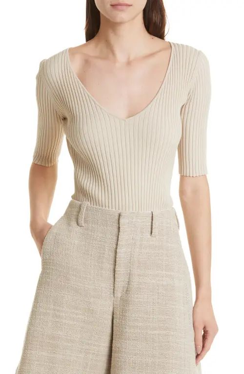 BY MALENE BIRGER Ajunie Rib Short Sleeve Sweater in Cream Snow at Nordstrom, Size Large | Nordstrom