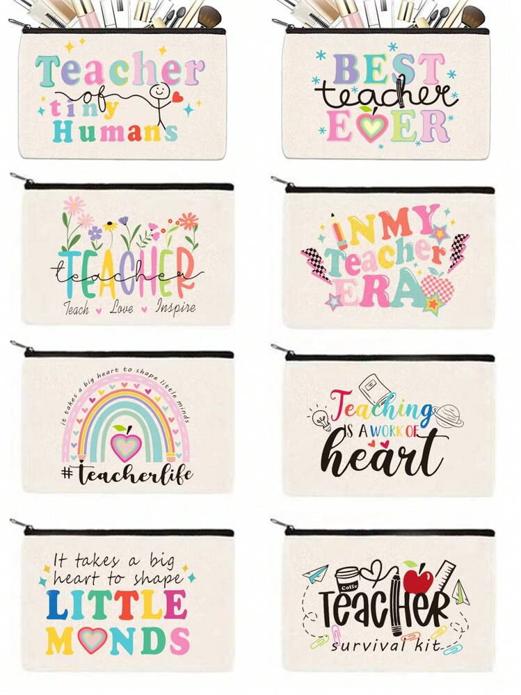 1PC/5PCS/10PCS Rainbow Letter Teacher Theme Desigh Cosmetic Organizer Bag ,Y2K Style Rainbow Letter Print Colorful Letter Design Funny Makeup Pouch Portable Toiletry Bag For Travel Makeup Bag Make Up Organizer Makeup Storage Cosmetic Bag Wash Bag,For Holiday Beach, Bathroom Collection, Bedroom Collection, Large Capacity | SHEIN