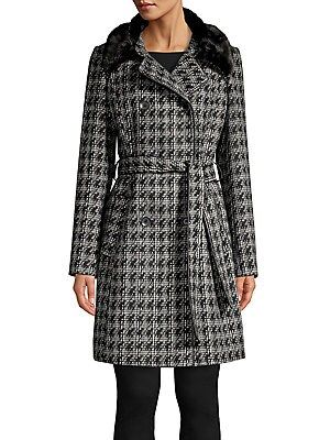 Tied Houndstooth Faux Fur Collar Double-Breasted Coat | Lord & Taylor