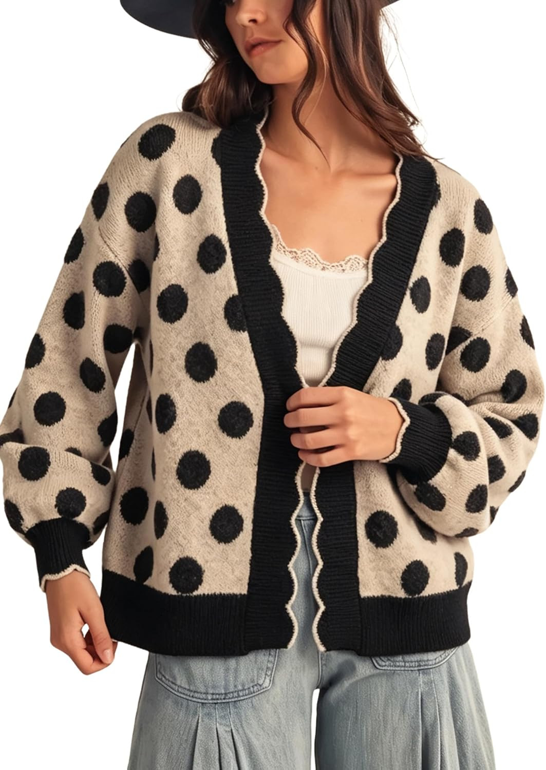 Yeokou Women's Polka Dot Cardigan Sweater Open Front Scalloped Trim Top | Amazon (US)