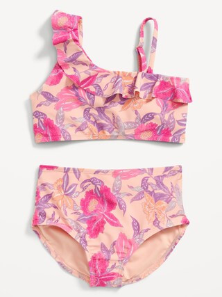 Patterned One-Shoulder Ruffle-Trim Swim Set for Girls | Old Navy (US)