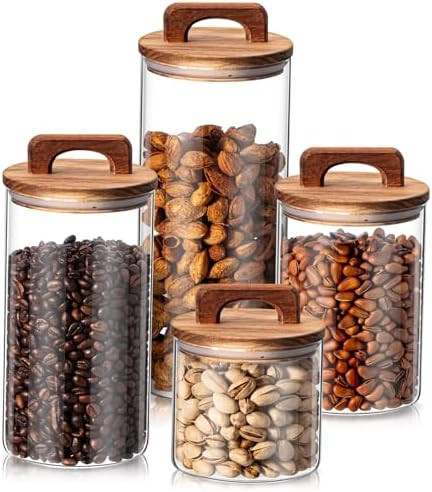 Layhit 4 Pcs Glass Food Storage Jars with Airtight Wood Lid Storage Jars Containers with Stickers... | Amazon (US)