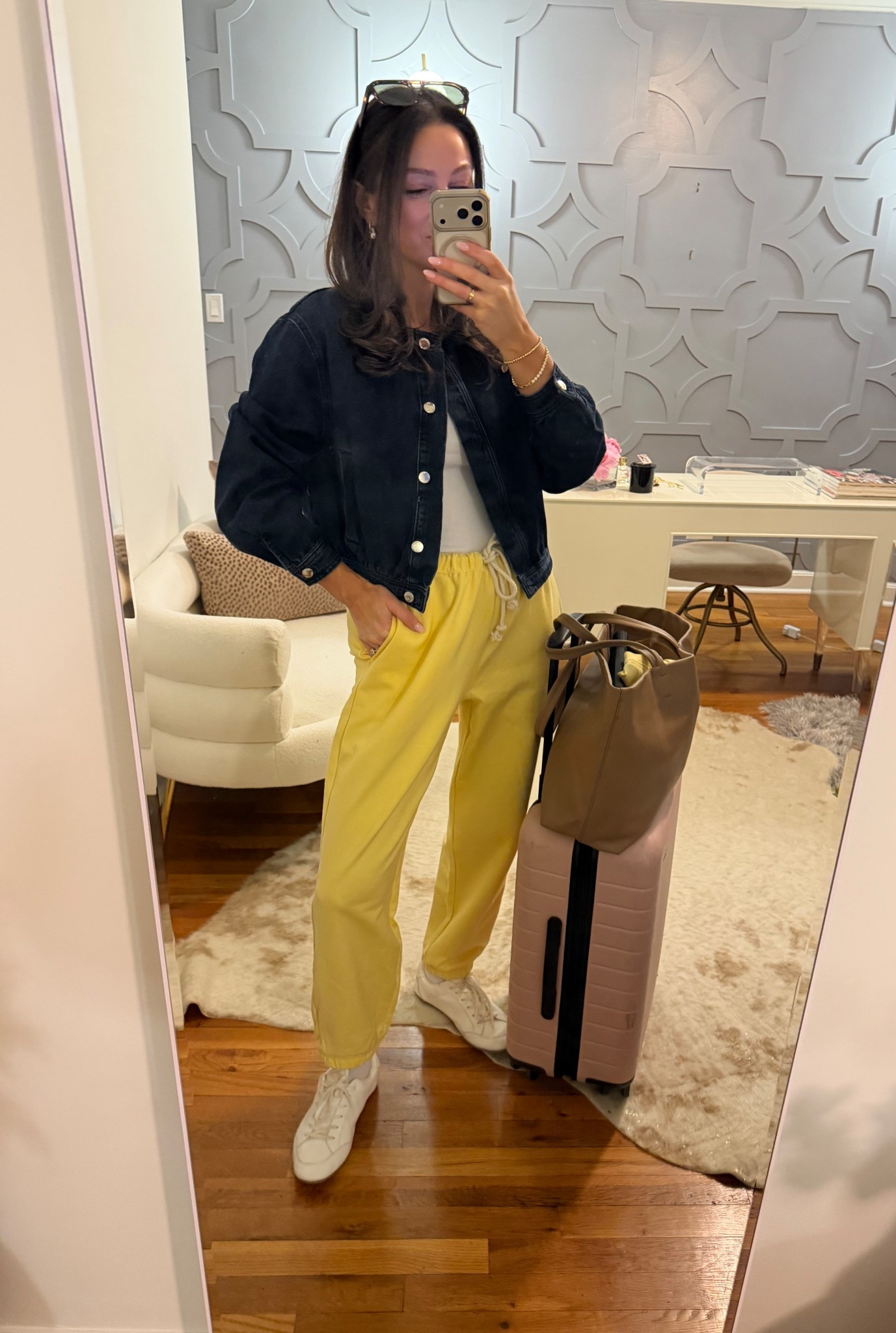 Airport outfit! Comfiest sweat set and THE cutest denim bomber!!!! True to size in both! This bag is also amazing as a travel tote. So sturdy, fits so much, looks and feels elevated and love the double handle  