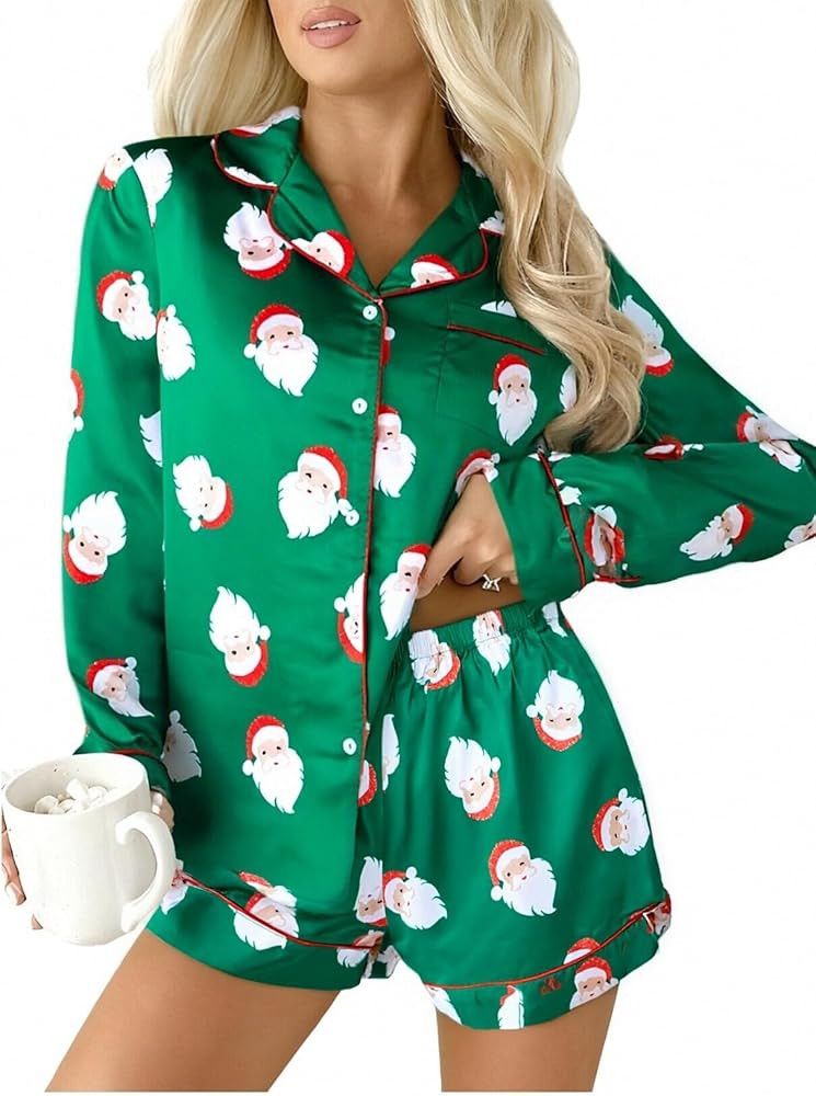 UNIQUEONE Womens Christmas Pajama Sets Silk Satin Pajama Soft Long Sleeve Sleepwear 2 Piece Butto... | Amazon (US)