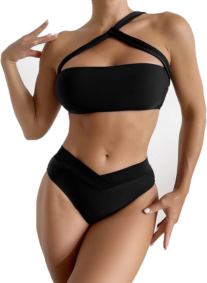 YELAIVP Women's Bikini Sets Two Piece Swimsuit High Waisted Spaghetti Straps Bathing Suit Sides C... | Amazon (US)