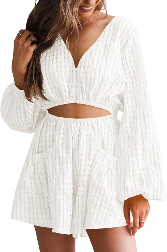 Tongmingyun Womens Summer Rompers Casual Long Sleeve V Neck Flowy Cutout Beach Short Jumpsuits wi... | Amazon (US)