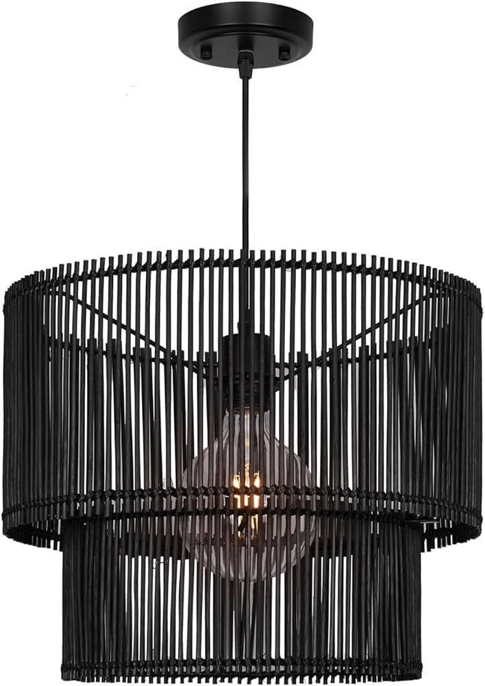 Woven Rattan Pendant Lamp, 16 Inch Large Natural Simple Hand Weaved Coastal Beach Black Rope Hang... | Amazon (US)