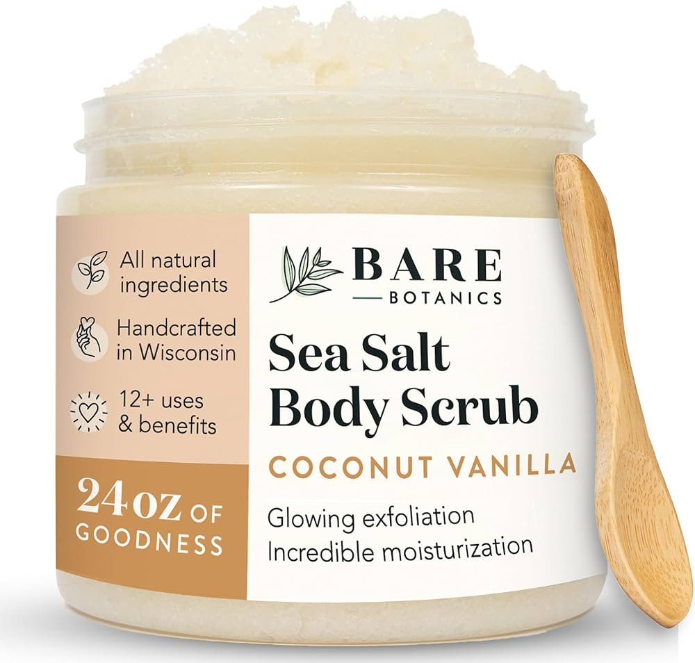 Bare Botanics Coconut Vanilla Body Scrub 24oz | Made in Madison, WI | All Natural Sea Salt Exfoli... | Amazon (US)