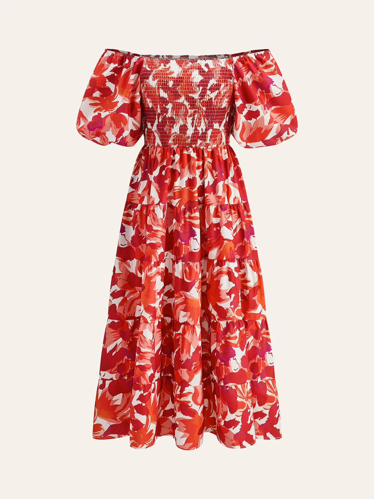 Off-Shoulder Smocked Floral Dress | Commense