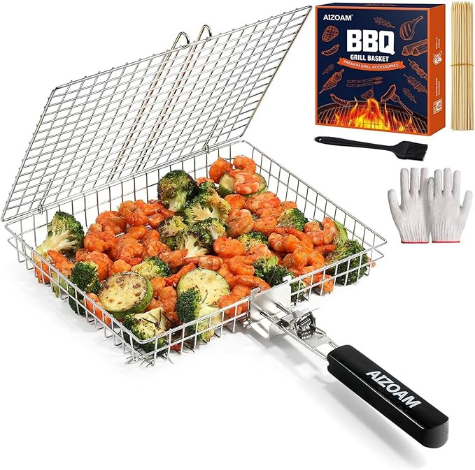 Grill Basket AIZOAM Grill Basket Stainless Steel BBQ Grilling Basket Large Folding Grill Basket w... | Amazon (US)
