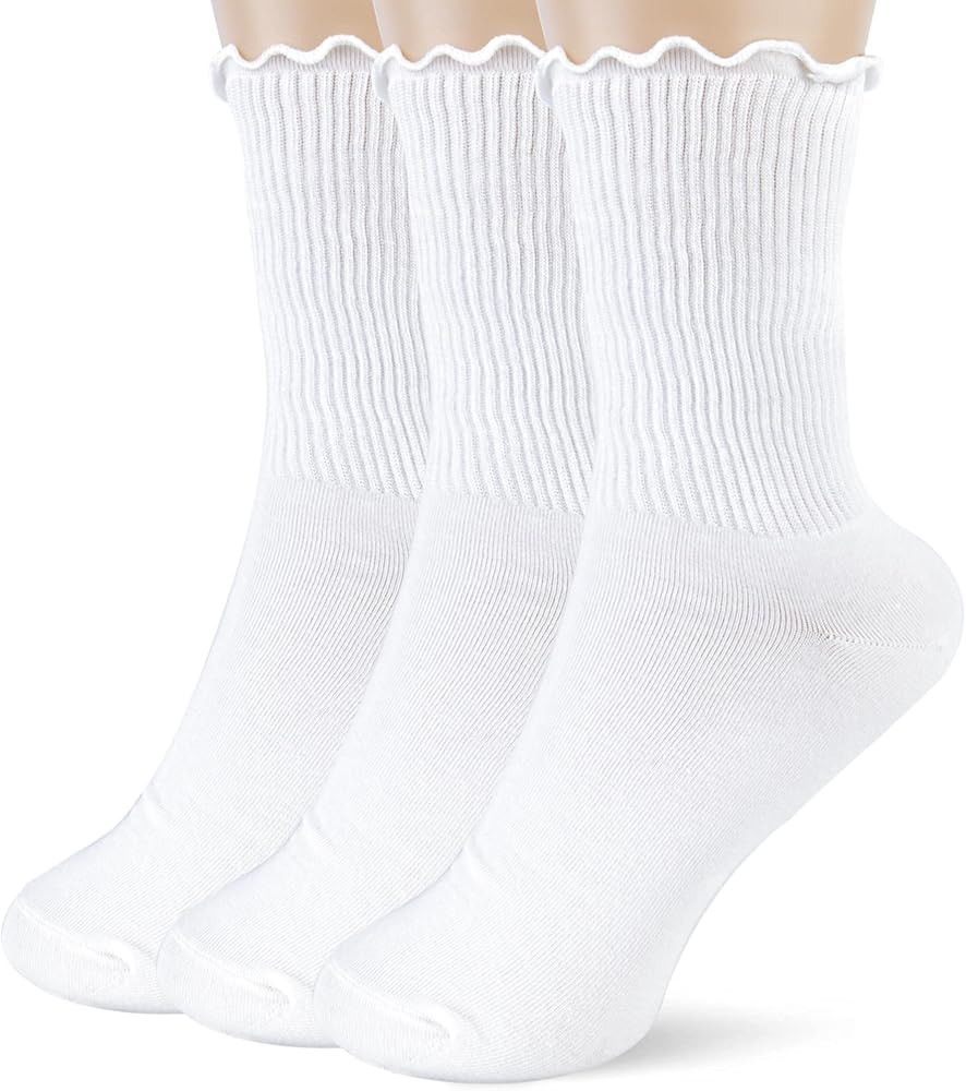 Womens Socks - Ruffle Turn Cuff Sock - Casual Crew Frilly Sock | Amazon (US)