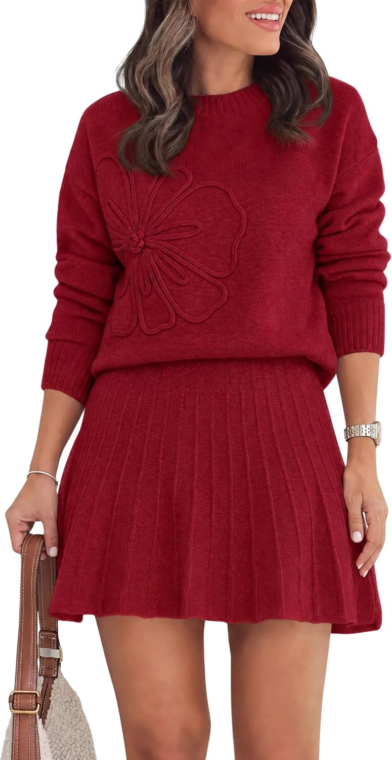 Tankaneo Womens 2 Piece Skirt Sets Pullover Sweaters Pleated Mini Skirt Fall Winter Knit Trendy Sweater Sets | Amazon (US)