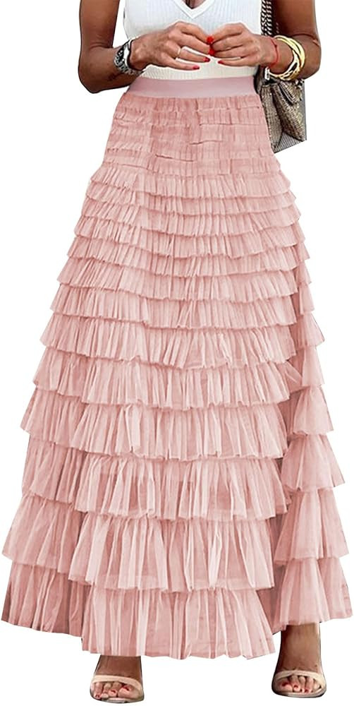 Flygo Women's Long Maxi Tiered Tulle Skirts High Waisted A-Line Layered Mesh Tutu Skirt Petticoat | Amazon (US)
