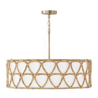 Tulum 28 in. W x 19.5 in. H 4-Light Wide Pendant in Matte Brass with White Fabric Shade and Hand-Wrapped Natural Rattan | The Home Depot
