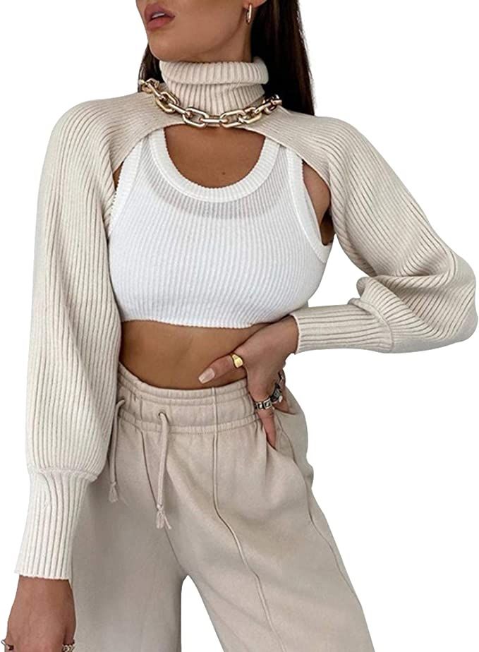 ACOSAP High Collar Long Puff Sleeve Sweater Knitwear Solid Color Pullover Crop Top Ultra Short Tu... | Amazon (US)