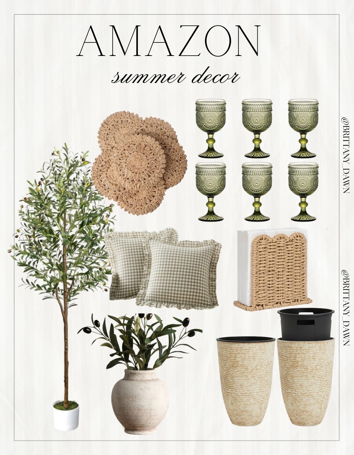 Refresh your home with these beautiful warm-weather essentials from Amazon! I am completely obsessed with this faux olive tree and matching potted olive branches to bring a natural look indoors.

I paired them with green textured goblets, woven placemats, gingham pillows, and a scalloped napkin holder for the perfect hosting setup. ✨

#LTKhome #AmazonHome #SummerDecor #HomeStyling #Tablescape #NeutralDecor #InteriorInspo #HostingEssentials #BrittanyDawn

#LTKHome #LTKSeasonal