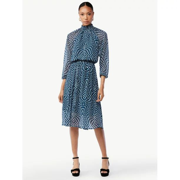 Scoop Women's Smocked Neck Midi Dress with Blouson Sleeves - Walmart.com | Walmart (US)