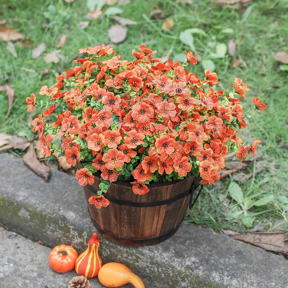 Artificial Fake Fall Plants Flowers for Outdoor Outside, 12 Bundles Faux Autumn Orange Silk Mums UV Resistant Look Real for Planter Porch Patio Garden Decoration | Amazon (US)
