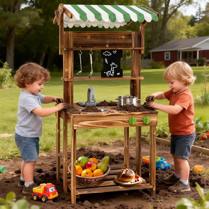 Costzon Mud Kitchen, Double-Sided Outdoor Play Kitchen & Barbecue Grill Playset with Canopy, Chal... | Amazon (US)