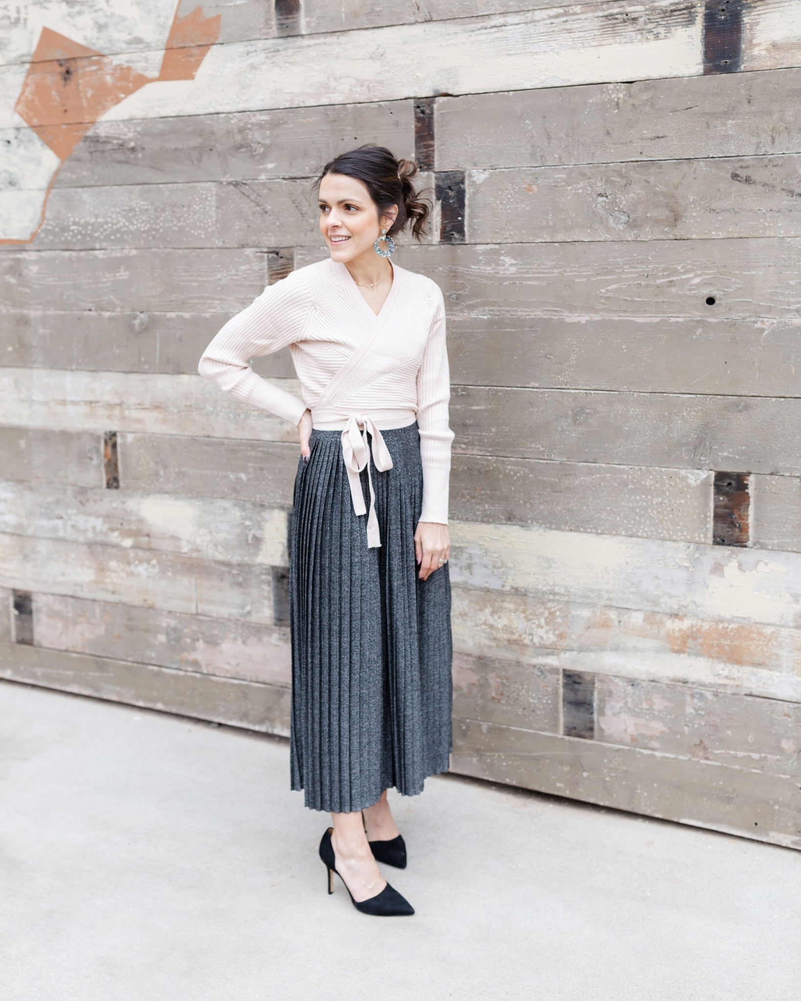 Past Holiday looks I love: linked up to date avail options to recreate | pleated metallic skirt, wrap sweater, black pump 

#LTKHoliday #LTKstyletip