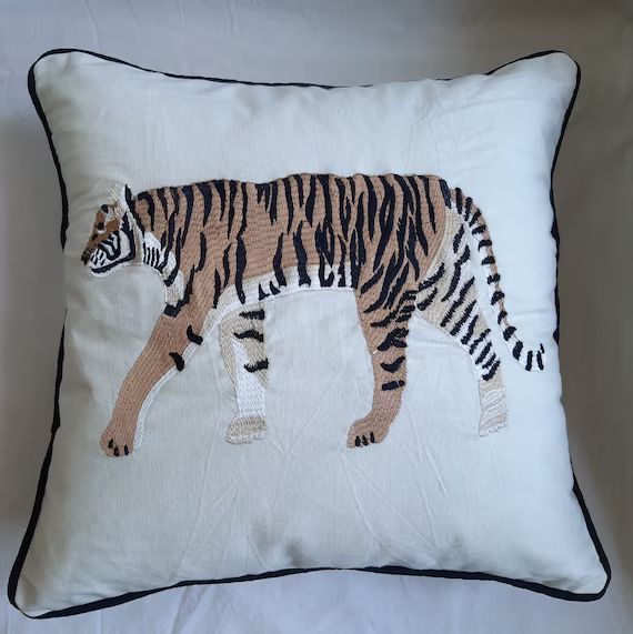 Tiger throw pillow/Embroidered Tiger cushion/Animal Cushion Cover/Nursery room decor/Handmade Tig... | Etsy (US)