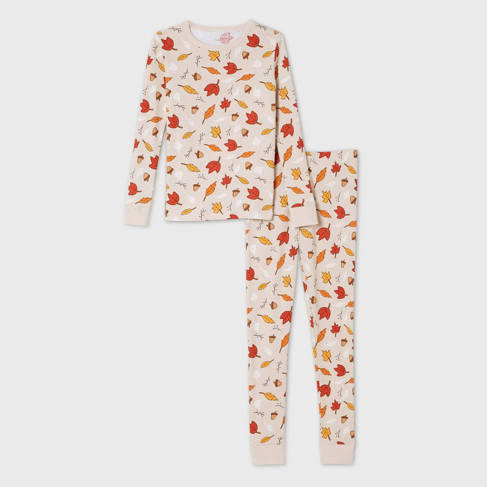 Kids' Leaf Print Matching Family Pajama Set - Oatmeal 10, Beige/Orange/Yellow | Target