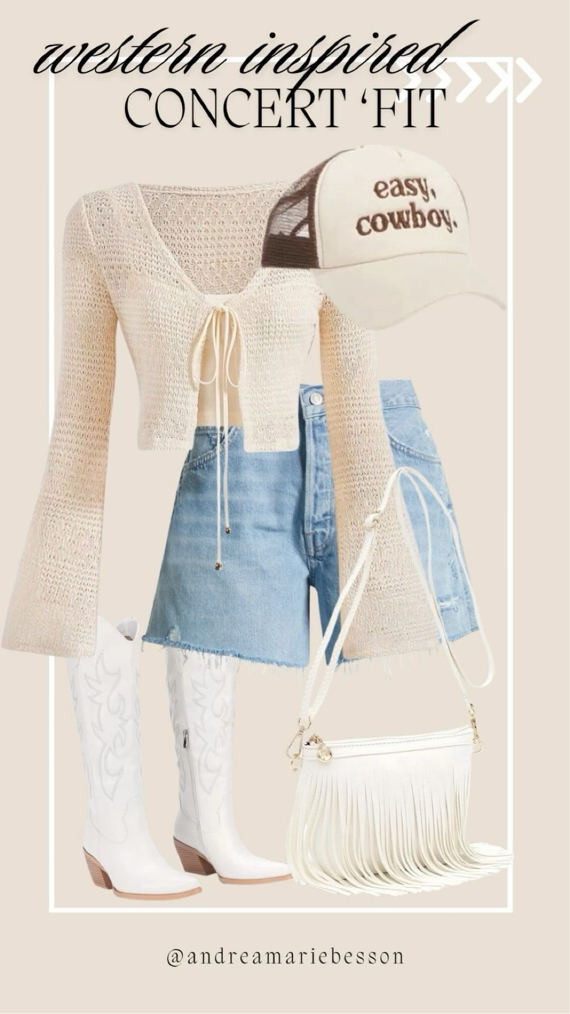 An effortless western concert outfit with the perfect mix of feminine and casual 🤍 Crochet tops, denim shorts, white cowboy boots, fringe bags, and laid-back coastal cowgirl accessories for that easy summer concert vibe. This look is perfect for country concerts, rodeos, Nashville trips, summer festivals, and everyday western-inspired fashion. #coastalcowgirl #westernfashion #concertoutfit #cowgirlstyle #cowgirlboots #denimshorts #summeroutfit #bohowestern #amazonfashion #countryconcertoutfit