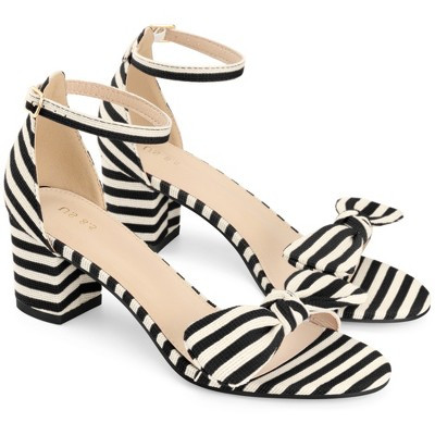 BLISSFUL STEP Stripe Bow Buckle Ankle Strap Chunky Heel Sandals for Women 9 Black | Target