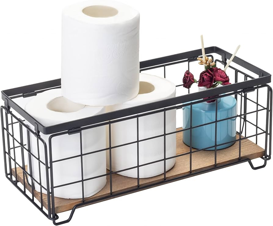 Metal Wire Storage Basket, Toilet Paper Roll Holder Wood Base Countertop Decor Box Toilet Tank Sh... | Amazon (US)