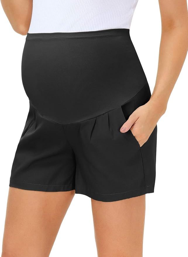 Maacie Women Maternity Summer Casual Beach Shorts Over-The-Belly Roll Hem Shorts | Amazon (US)