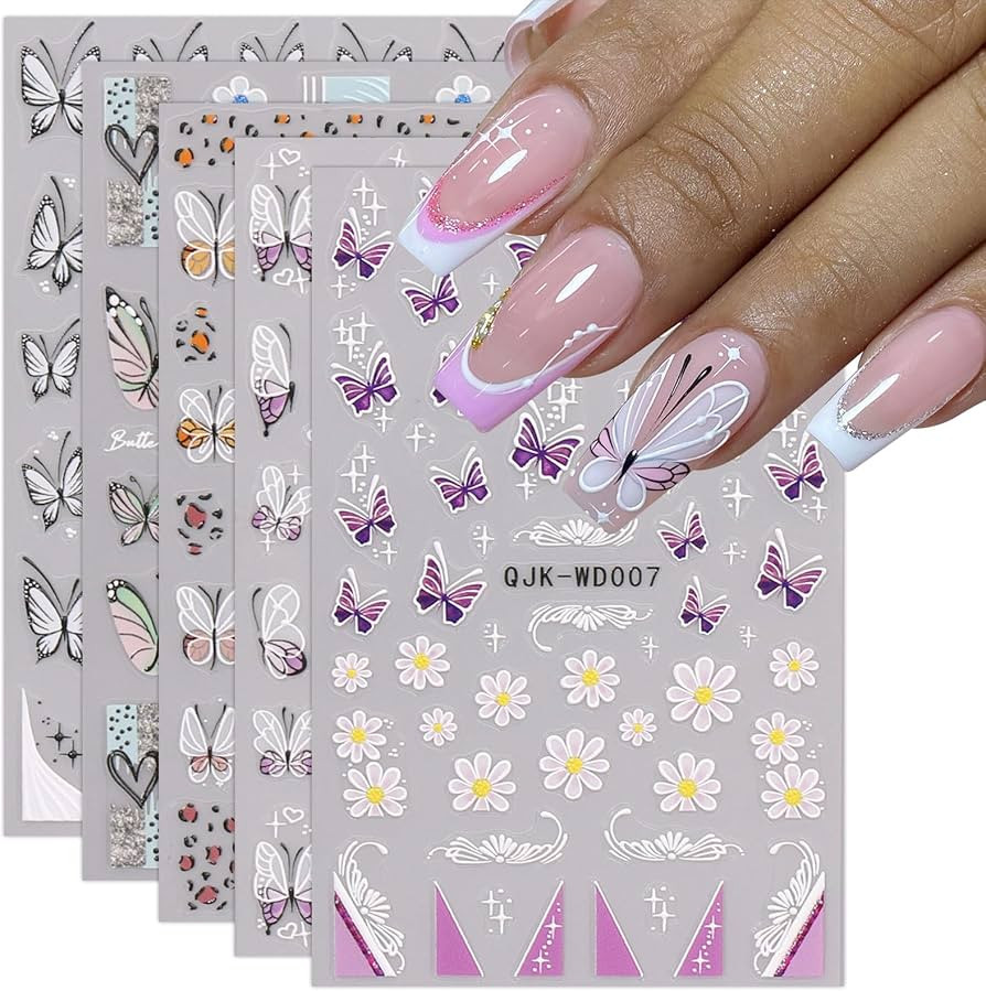 JMEOWIO 6 Sheets Flower French Butterfly Tip Nail Art Stickers Decals Self-Adhesive Nail Supplies... | Amazon (US)