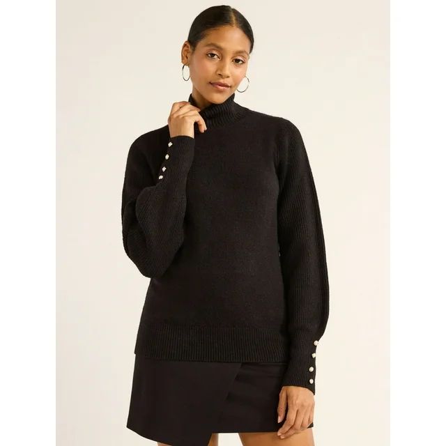 Scoop Women's Turtleneck Sweater with Faux Pearl Button Cuffs, Midweight, Sizes XS-XXL | Walmart (US)