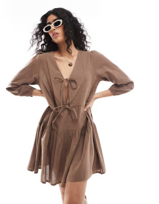 Esmee Exclusive linen mix long sleeve tiered mini tie front beach dress in brown | ASOS (Global)
