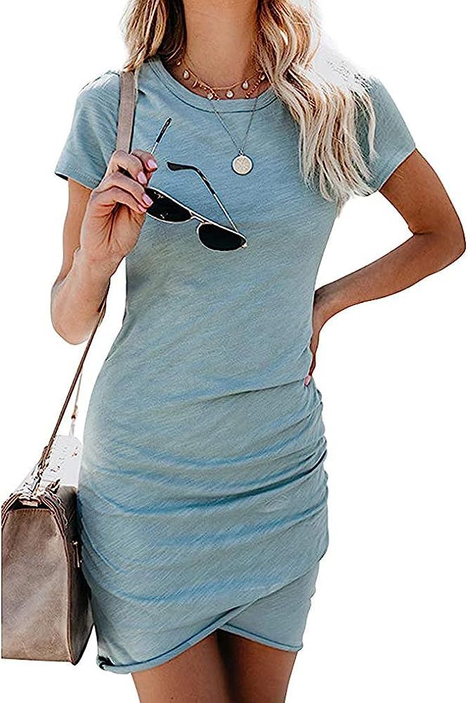 Women’s Summer Casual Crew Neck Ruched Stretchy Tulip Hem Bodycon Short Mini Dress T Shirt Shea... | Amazon (US)