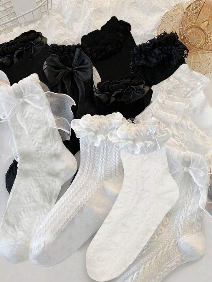 Ruffle Socks for Women 5pair /Lot Wood Ear Lace Mid Crew Middle Tube Ankle High Breathable Black ... | SHEIN