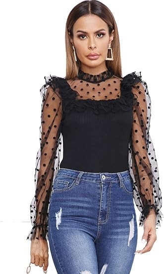 Romwe Women's Mesh Puff Sleeve High Neck Slim Fit Party Blouse Top | Amazon (US)