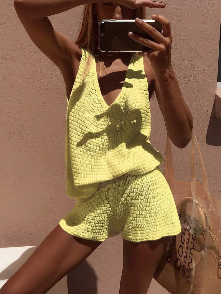 Women's Knit Sexy Top And Shorts Set, Suitable For Daily Wear, Vacation, And Sexy Style | SHEIN