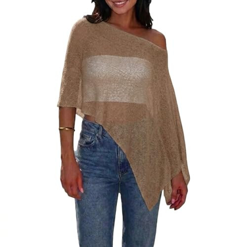 Women Sheer Poncho Top Lightweight Knit Mesh Crochet Beach Cover Up Shrug Summer See Through Shawl (Light brown, One Size) | Amazon (US)