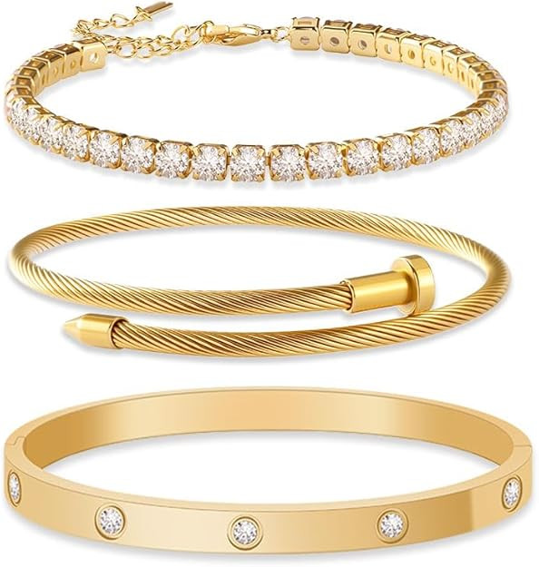 JUNVirtuous 3-Pack Gold Bracelets for Women,18K Gold Plated Bangle Tennis Bracelets Stack Set for... | Amazon (US)