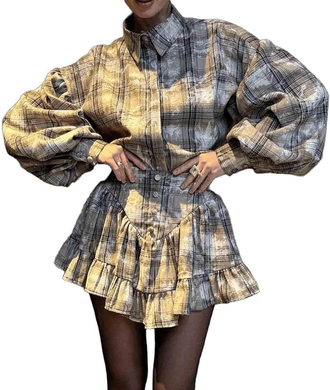 Women's spring plaid design with ruffle edge short skirt two-piece set, temperament set | Amazon (US)