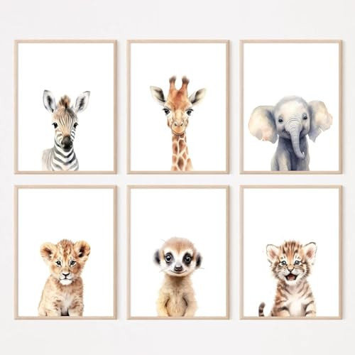 Wodkwq Nursery Wall Art Safari Animal Canvas Prints Baby Girl Boy Room Decor Poster Pictures Cute Jungle Theme Toddler Room Decoration Painting Set of 6 for Kids Bedroom Bathroom 12x16in Unframed | Amazon (US)