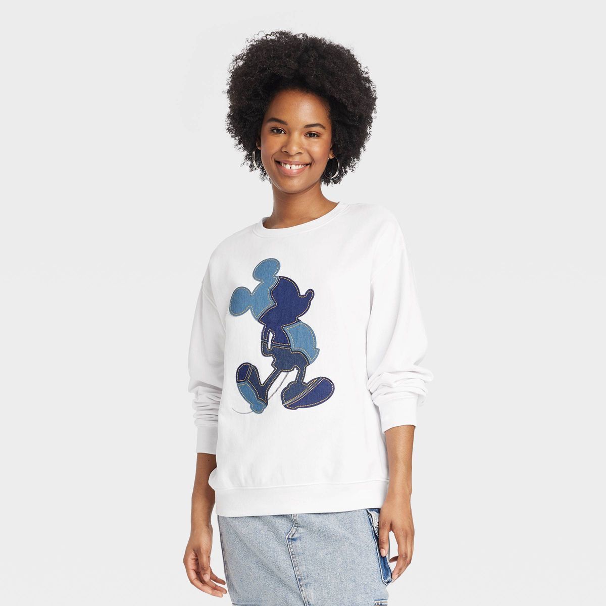 Women's Disney Denim Mickey Graphic Sweatshirt - White | Target