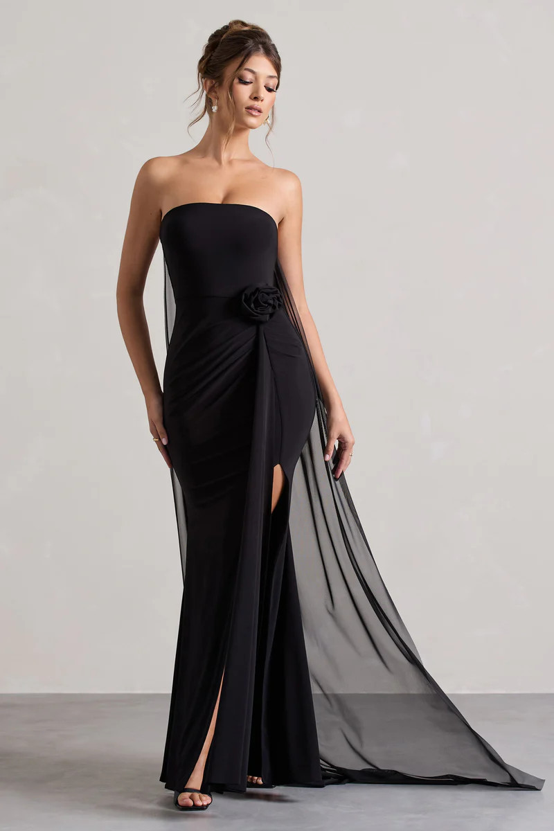 More To Come | Black Strapless Wrap Cape Maxi Dress With Corsage | Club L London IE