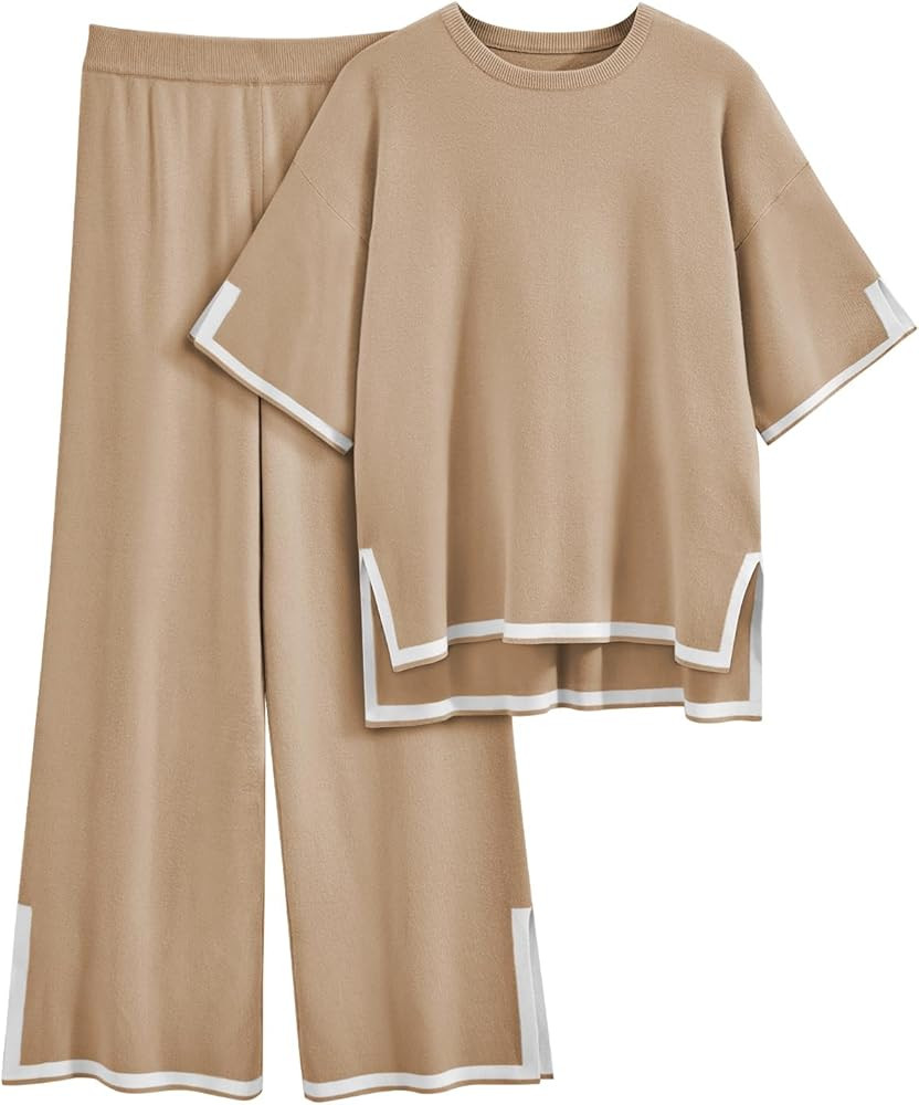 LILLUSORY 2 Piece Lounge Sets Women's Short Sleeve Knit Top Wide Leg Pants Sets | Amazon (US)