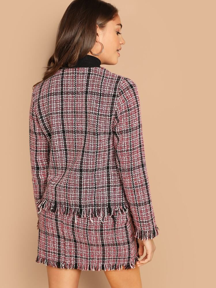 Frayed Trim Tweed Coat & Skirt Set | SHEIN